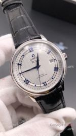  High Quality Replica OMEGA De Ville 316L Stainless Steel Black Leather Strap Silver Face Dial Silver Bezel Watch 39.5mm